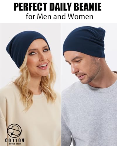 Thin 100% Cotton Fine-Knit Beanie Hat Slouchy Soft Chemo Skull Cap - color: 1-navy Blue
