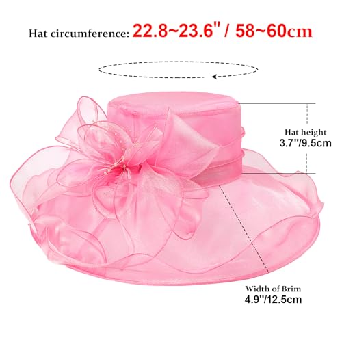 AQOKKA Women Organza Church Fascinators Kentucky Derby Hats for Women and Girls Wedding Flower Tea Party Hat with Wide Brim - color: Deep Pink