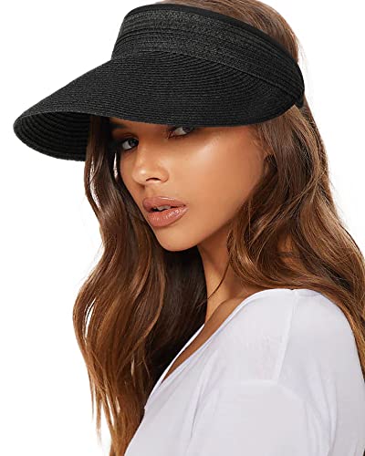 FURTALK Womens Sun Visor Hat Straw Sun Visors for Women Summer Packable Ponytail Beach Hats for Women Travel UPF 80+ - color: A Black