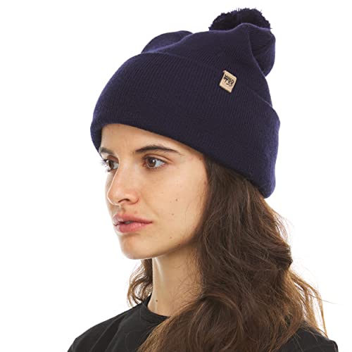 100% Merino Wool - Midweight Cuff Pom Beanie - Winter Pom Pom Hat - color: Navy Blue