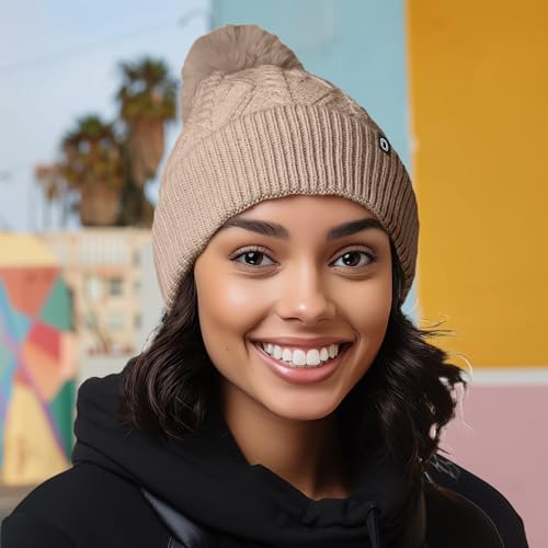 DALIX Cable Knit Pom Beanie Soft Stretch Skully Warm Fuzzy Faux Sherpa Winter Ski Beanie - color: Tan