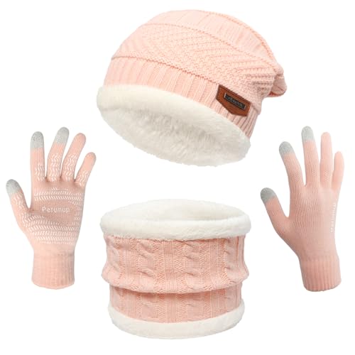 MAYLISACC Winter Knit Beanie Hat Neck Warmer Scarf and Touch Screen Gloves Set 3 Pcs Fleece Lined Skull Cap for Men Women - color: Pink--3 Pcs--(hat+scarf+gloves)