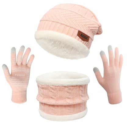 MAYLISACC Winter Knit Beanie Hat Neck Warmer Scarf and Touch Screen Gloves Set 3 Pcs Fleece Lined Skull Cap for Men Women - color: Pink--3 Pcs--(hat+scarf+gloves)