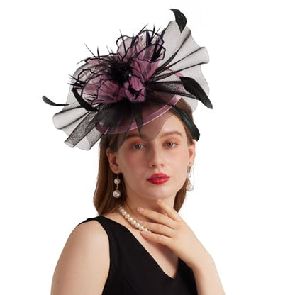 Women Organza Church Derby Hat Wide Brim Sun Caps for Wedding Tea Party Hat with Detachable hat Flower as Headgear - color: 11-pink