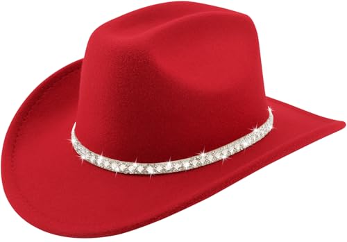 DRESHOW Western Cowboy Hat for Women and Men Wide Brim Glitter Cowboy Cowgirl Hat with Rhinestone Felt Fedora Hats - color: 1 Pack Style 10: Red
