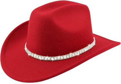 DRESHOW Western Cowboy Hat for Women and Men Wide Brim Glitter Cowboy Cowgirl Hat with Rhinestone Felt Fedora Hats - color: 1 Pack Style 10: Red