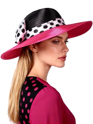 Women Wide Brim Rose Black Patchwork Kentucky Hat for Wedding Party Hat Big Bowknot Polka Dots Fedora Hats - color: Rose