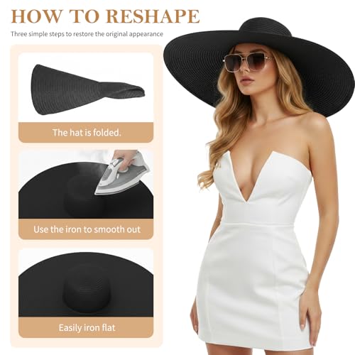 Barelove Sun Straw Hat Wide Brim Shape Hat with UPF 80+, Packable Foldable Floppy Summer Beach Hat for Women Men - color: Black
