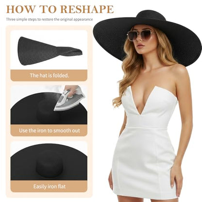Barelove Sun Straw Hat Wide Brim Shape Hat with UPF 80+, Packable Foldable Floppy Summer Beach Hat for Women Men - color: Black