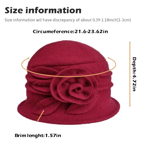 Winter Cloche 100% Wool Bucket Hat for Women Elegant Dress 1920s Vintage Fedora Hats Church Derby Party Fashion - color: 1red