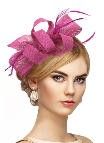 Zinniday Victoria Tea Party Hat - 2025 Bow Derby Attire Hats with Hairpin,1920s 50s Feather Fascinators for Women - color: Rose Red