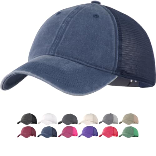 Vintage Washed Soft Crown Baseball Cap Plain Snapback Trucker Hat Men Women Adjustable Distressed Mesh-Back Ball Cap - color: Navy, size: One Size