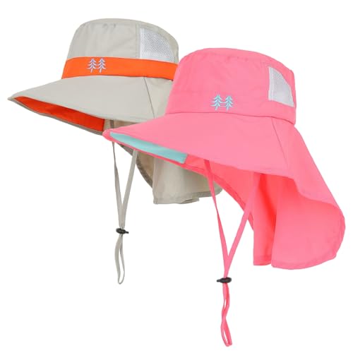 Kids Sun Hats UPF 50+ Sun Protection Hat for Kids with Neck Flap Adjustable Large Brim Beach Fishing Hat for Age 3-12 - color: Red+grey