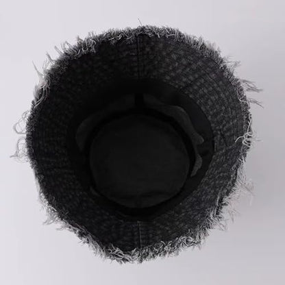 Quanhaigou Frayed Unisex Sun Hats, Fashion Beach Bucket Hat for Men Women,Summer Outdoor Boy's Girls Boonie Cap - color: Denim Black