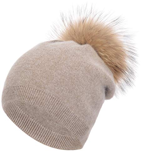 Women's Double Layer Winter Slouchy Knit Beanie Hat with Real Fur Pom Pom - color: Khaki