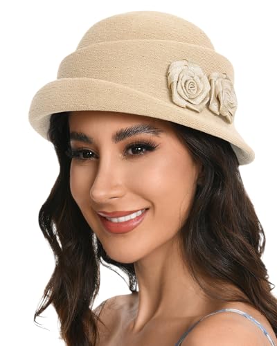 Women's Vintage Floral Cloche Hat,Lightweight Rolled Brim Bucket Hat,Adjustable Summer Sun Hat for Beach Picnic - color: Khaki