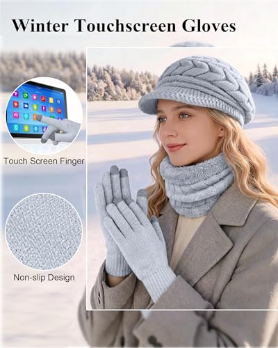 Loritta 3 in 1 Womens Winter Hat Gloves Scarf Set, Warm Hat Mittens - color: Grey