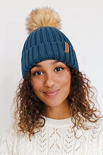 FURTALK Womens Winter Beanie Hat Satin Lined Faux Fur Pom Pom Beanies Hat for Women Winter Warm Knit Hats - color: Blue
