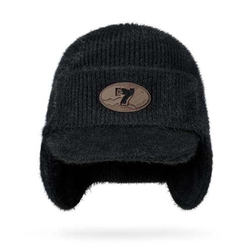 CLAPE Cozy Head Beanies with Brim, Small Billed Beanie for Cold Weather Mens Winter Warm Knit Hat with Ear Flaps - color: Kh25d18-black