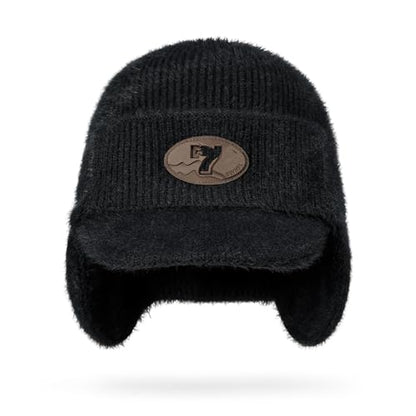 CLAPE Cozy Head Beanies with Brim, Small Billed Beanie for Cold Weather Mens Winter Warm Knit Hat with Ear Flaps - color: Kh25d18-black