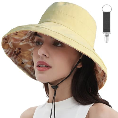 vidsel Womens Sun Hats Wide Brim Reversible Bucket Cotton Hat with Hat Clip - color: Yellow, size: Medium