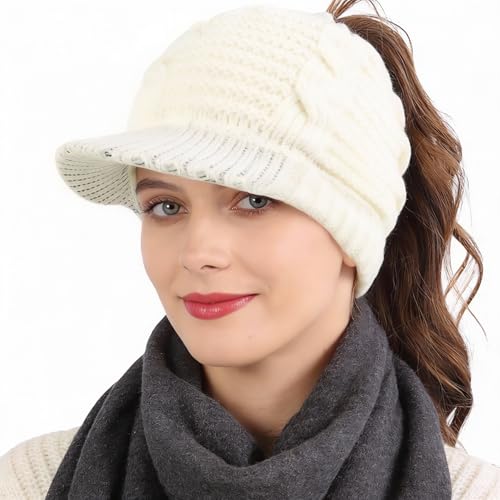 Women's BeanieTail Warm Knit Hat Messy High Bun Ponytail Visor Beanie Cap - color: B340-ivory, size: Medium