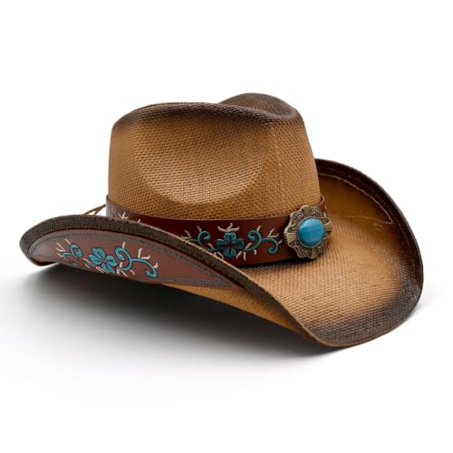 Foeran Men's Women's Straw Cowboy Hat Cowgirl Woven Sun Hat Western Cowboy Hat Two Decorative Bands - color: Coffee-sapphire