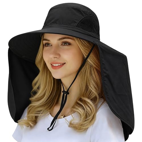 HUAMULAN Women Men Wide Brim Sun Hat Hiking Fishing Hats with Neck Flap - color: Black Solid