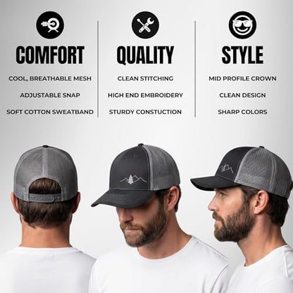 LINDO Trucker Hat [ Great Outdoors Design ] for Men and Women: Mid Profile Cap with Breathable Mesh Back and Adjustable Snap - color: Black/Graphite