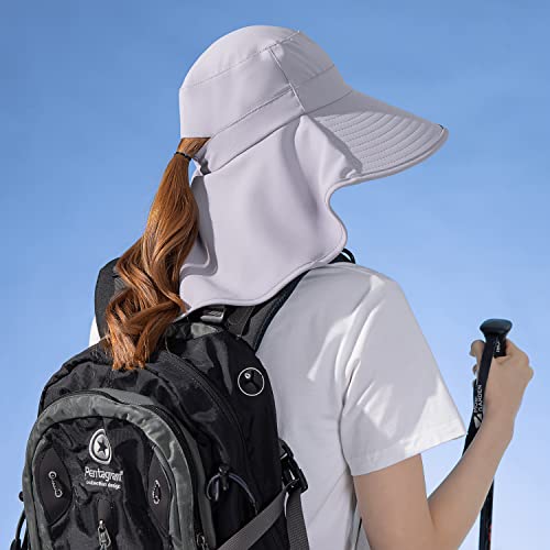 HUAMULAN Women Wide Brim Summer Sun Hat Ponytail Hole with Neck Flap - color: Bg8112-lightgray