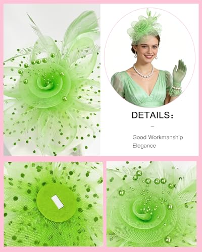 Fascinator Tea Party Hat Set for Women Elegant Vintage Accessories for High Tea Wedding Bridal Shower - color: Light Green