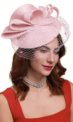 Kentucky Derby Fascinators for Women High Tea Party Hat Wedding Cocktail Flower Headware with Mesh and Feathers - color: Z-pink
