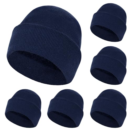 ZH 6 Pack Men's Winter Knit Beanies with Fleece Lining, Warm Stretchy Skull Caps for Cold Weather, Unisex Thermal Hats - color: Navy