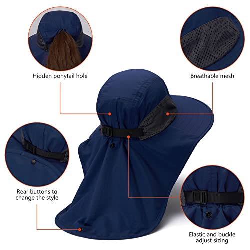 BASSDASH UPF 50+ Unisex Water Resistant Wide Brim Sun Hat with Large Neck Flap Ponytail Fishing Hat for Men Women - color: Dark Blue