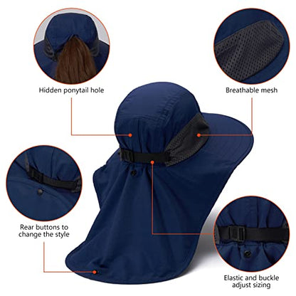 BASSDASH UPF 50+ Unisex Water Resistant Wide Brim Sun Hat with Large Neck Flap Ponytail Fishing Hat for Men Women - color: Dark Blue