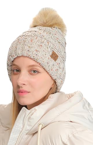 C.C Knit Beanie Hat – Fuzzy Fleece Lined Warm Winter Hat, Faux Fur Pom Soft Stretchy Slouchy Knit Cap, Cold Weather Beanie - color: Oatmeal