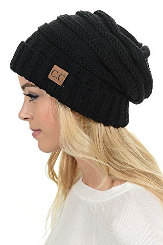 C.C Hat-100 Oversized Baggy Slouch Thick Warm Cap Hat Skully Cable Knit Beanie - color: Black