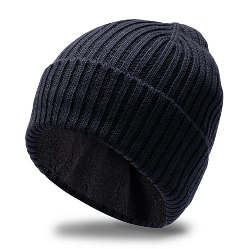 Oversize Wool Kitted Beanie Big Head Men Women Sports Cuffed Cap Dad Winter Warm Fleece Linned Skullies - color: Navy Blue
