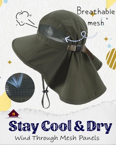 Home Prefer UPF50 Wide Brim Kids Sun Hat Neck Flap Boys Girls Sun Protection Hat for Beach Fishing - color: Army Green, size: 4-8 Years