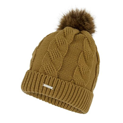 Spyder Women's Cable Knit Pom Pom Beanie with Ribbed Cuff - color: Taupe