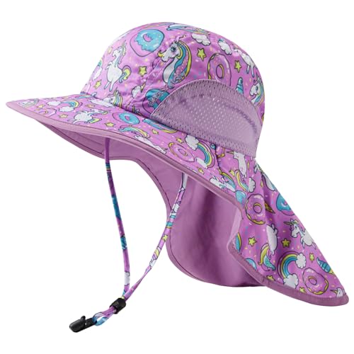 BASSDASH Kids UPF 50+ Wide Brim Sun Hat with Neck Flap Lightweight Cooling Performance Toddler Girls Boys Outdoor Play Hats - color: Purple/Unicorn, size: Large