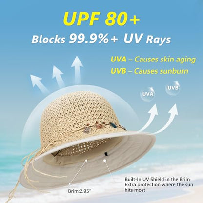 TOP-EX Summer Beach Straw Sun Hats for Women Cooling Ponytail Bucket Wide Brim Packable UV Protection Fashion Ladies M Natural