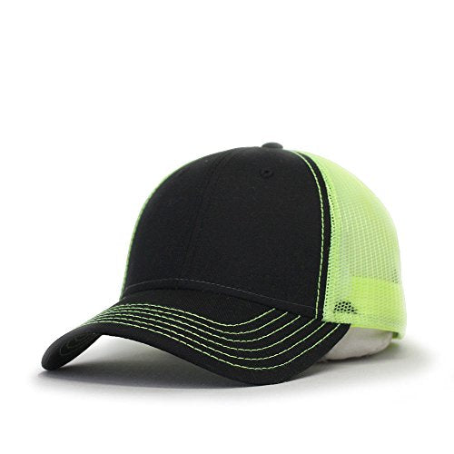 The Vintage Year Plain Cotton Structured Mesh Adjustable Trucker Sports Baseball Cap - color: Black/Black/Neon Yellow
