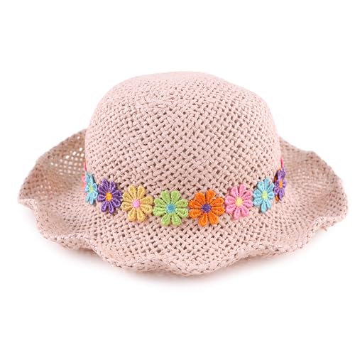 Baby Girl Straw Hat 3-6 Years Girls Summer Beach Hats with Bowknot Sun Protection Hats for Kids - color: Colorful Flowers-pink