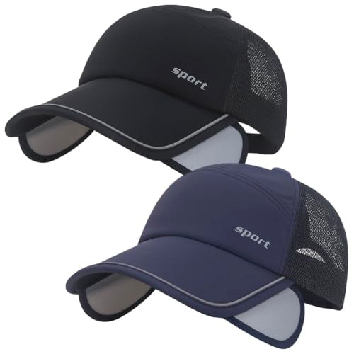 2Pcs Mesh Back Baseball Cap with Retractable Brim for Men Women UV Sun Protection Breathable Tennis Golf Visors Hats - color: Black& Navy Blue