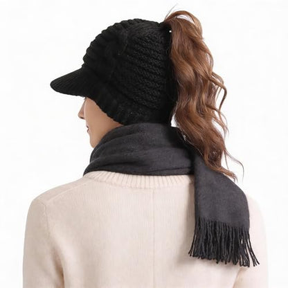 Women's BeanieTail Warm Knit Hat Messy High Bun Ponytail Visor Beanie Cap - color: B340-grey, size: Medium