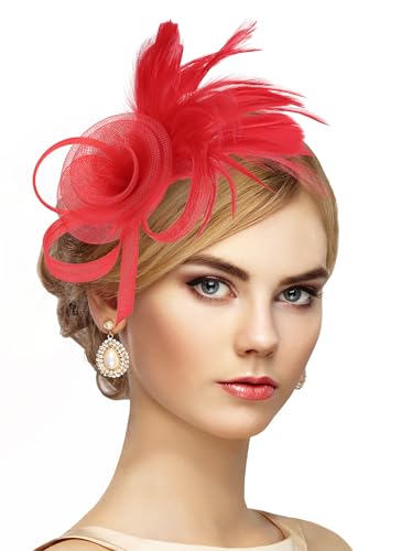Zinniday Victorian Feather Fascinators Hats - 2025 Derby Attire Headwear with Hairpin,1920s Tea Party Hat for Woman - color: Red