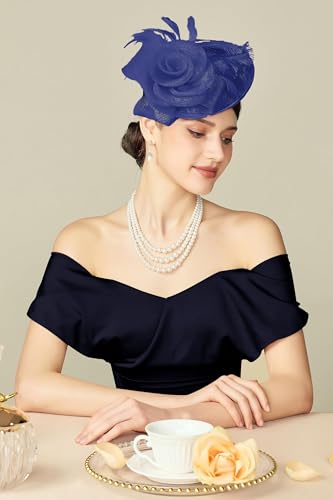 BABEYOND Fascinators Hats for Women Tea Party Mesh Flower Pillbox Derby Hat - color: Navy Blue