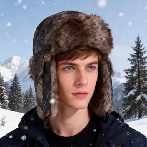 Mens Winter Camo Trapper Hat with Ear Flaps Faux Fur Lined Trooper Ushanka Hats Windproof Warm Russian Hunting Ski Cap - color: Brown Camo