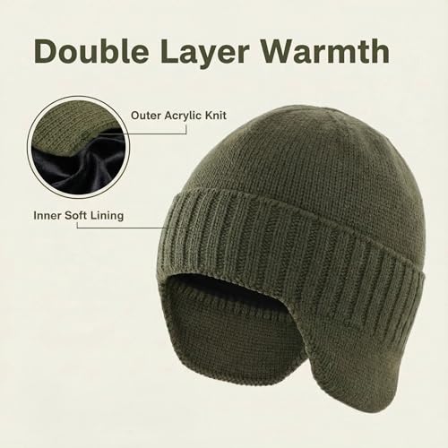 Home Prefer Mens Winter Hat Knit Earflap Hat Stocking Caps with Ears Beanie Hat - color: Army Green